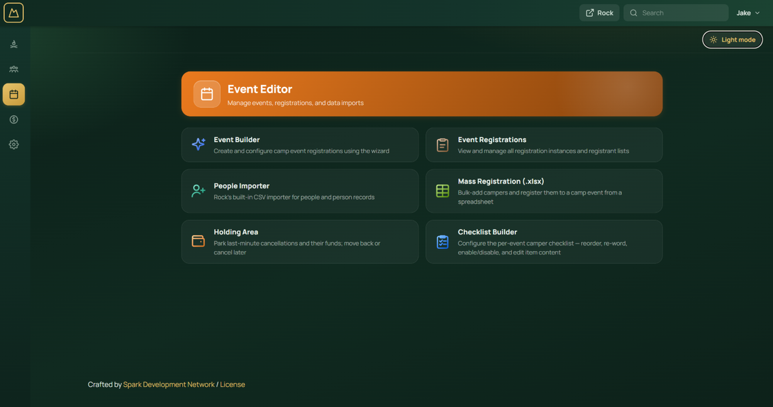 CampOS Event Editor with Event Builder, Event Registrations, People Importer, Mass Registration, Holding Area, and Checklist Builder