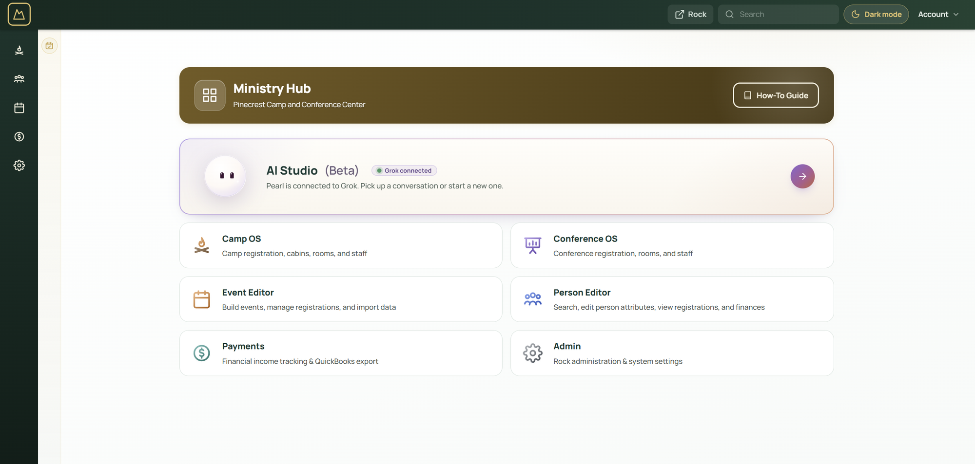 The CampOS Ministry Hub with AI Studio, Camp OS, Conference OS, Event Editor, Person Editor, Payments, and Admin