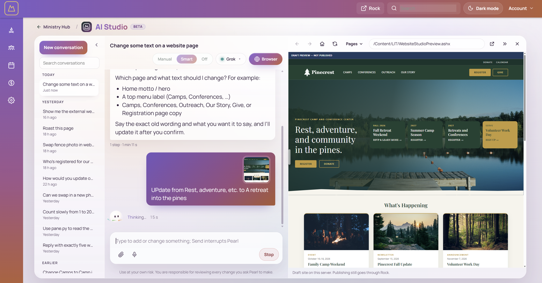 AI Studio in CampOS: Pearl is asked to change the home page headline, with the draft website shown in the preview pane beside the chat
